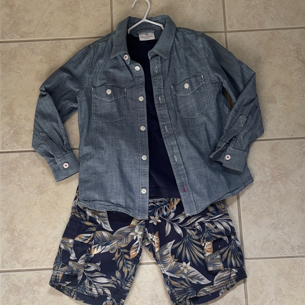 Denim Shirt and Leaf Print Shorts Set